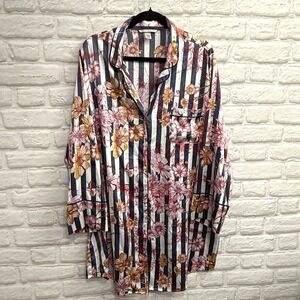 Victoria's Secret PJ Shirt Womens XL Satin Striped Foral Button Pajama Top Sleep